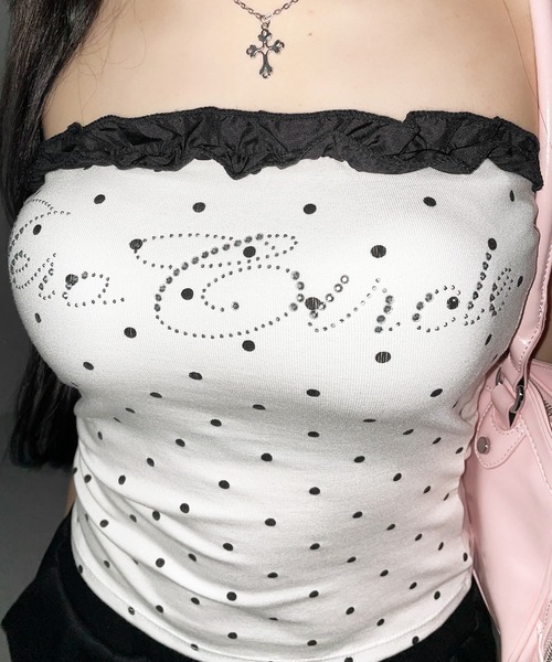 me+em select（ミームセレクト）の「【 ２color 】ラインストーンドットフリルベアトップス ／ Rhinestone dot frill bare tops（チューブトップ・レディース・ホワイト/ブラック・FREE）」の11枚目の写真