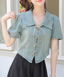 フロント編み上げが可愛い♪短丈デニムシャツ