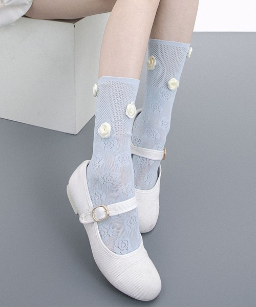 セール】HOOK for girls 立体バラ 透かし編み メッシュ ミドルソックス