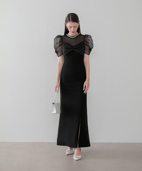 Leja(レジャ)の「【LEJA】ビジューネックリボンシアーオーガンジーパフスリーブIラインドレス美脚効果結婚式 パーティードレス 成人式 二次会 同窓会 お呼ばれ オケージョン 20代 30代(ドレス・レディース・ブラック・MEDIUM/SMALL)」の8枚目の写真