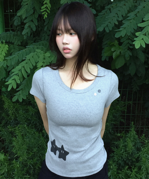 FUZZY SCAN(ファジスキャン)の「ボタンホールドハンドスタースリム半袖メランジ(Tシャツ/カットソー・レディース・ライトグレー・ONE SIZE)」の3枚目の写真