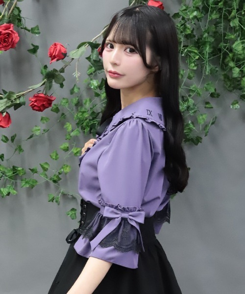 NIBBLE POISON（ニブルポイズン）の「時計刺繍フリル袖ブラウス（シャツ/ブラウス・レディース・ホワイト/ブラック/パープル・MEDIUM）」の11枚目の写真