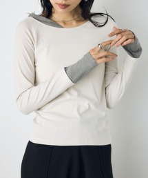 バイカラー長袖トップス 秋服 冬服 レイヤード風 デザイントップス 配色デザイン バイカラー