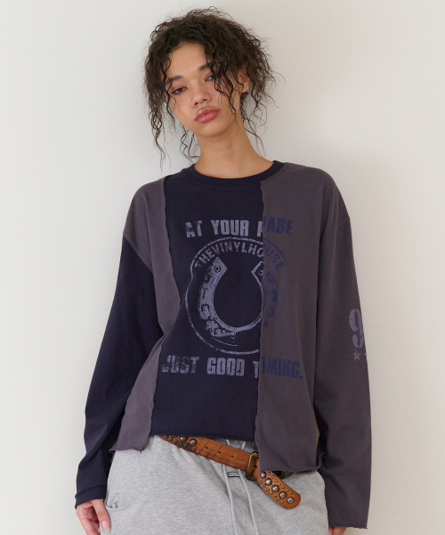 THEVINYLHOUSE(ザバイニルハウス)の「BLOCK UNBALANCE LS TEE(W) NAVY(Tシャツ/カットソー・レディース・その他・FREE)」の1枚目の写真
