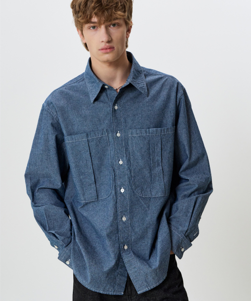 NOUN(ノウン)の「グレインシャツ (ウォッシュドインディゴ)(シャツ/ブラウス・メンズ・インディゴブルー・MEDIUM/LARGE)」の4枚目の写真