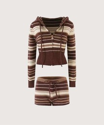 Striped Hooded Cardigan 2 Items Set Up/ボーダー柄フード付きカーディガン2点セット