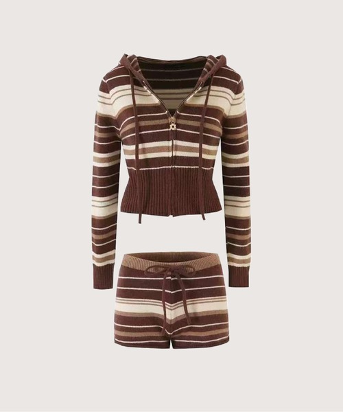 LA POMME petit(ラポミ・プチ)の「Striped Hooded Cardigan 2 Items Set Up/ボーダー柄フード付きカーディガン2点セット(セットアップ・レディース・ブラウン/ブルー・SMALL/MEDIUM)」の2枚目の写真