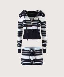 Striped Hooded Cardigan 2 Items Set Up/ボーダー柄フード付きカーディガン2点セット