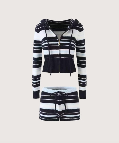 LA POMME petit(ラポミ・プチ)の「Striped Hooded Cardigan 2 Items Set Up/ボーダー柄フード付きカーディガン2点セット(セットアップ・レディース・ブラウン/ブルー・SMALL/MEDIUM)」の1枚目の写真