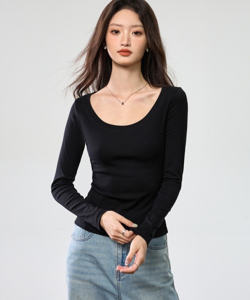 Bifrost(ビフレスト)の「おしゃれ U ネックカットソー(Tシャツ/カットソー・レディース・ボルドー/イエロー/ブラック/パープル/ホワイト/グレー・FREE)」の14枚目の写真