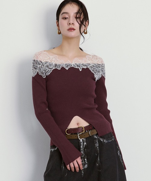 Ezick(エジック)の「Shoulder lace フロントスリットニット(ニット/セーター・レディース・ブラック/アイボリー/ボルドー・FREE)」の19枚目の写真