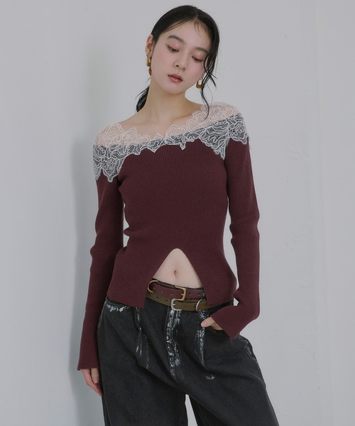 Ezick(エジック)の「Shoulder lace フロントスリットニット(ニット/セーター・レディース・ブラック/アイボリー/ボルドー・FREE)」の20枚目の写真