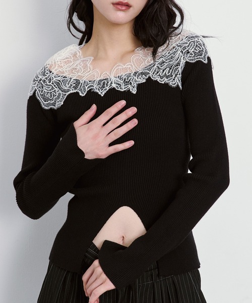 Ezick(エジック)の「Shoulder lace フロントスリットニット(ニット/セーター・レディース・ブラック/アイボリー/ボルドー・FREE)」の10枚目の写真