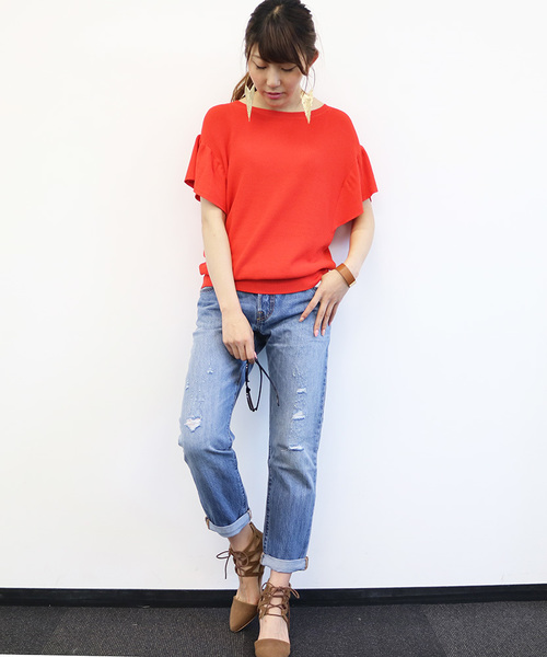 N.（N. Natural Beauty Basic）（エヌエヌナチュラルビューティーベーシック）の「アゼフレアスリーブニット（ニット/セーター・レディース・ネイビー/ホワイト/レッド/ブルー・MEDIUM）」の4枚目の写真