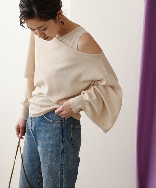 Eimee Law(エイミーロウ)の「【Eimee Law】ショートニットPO×アシメタンクレイヤードニット(ニット/セーター・レディース・ブラック/アイボリー/モカ・38)」の1枚目の写真