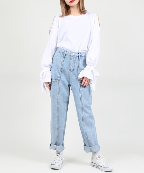 DING（ディング）の「DING/キャンディスリーブ肩あきロングTシャツ（Tシャツ/カットソー・レディース・ホワイト/ブラック・FREE）」の7枚目の写真