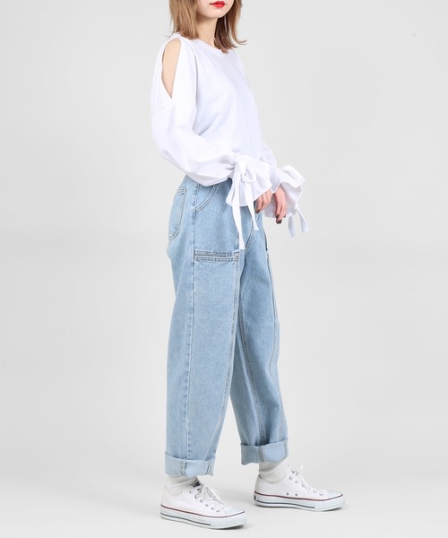 DING（ディング）の「DING/キャンディスリーブ肩あきロングTシャツ（Tシャツ/カットソー・レディース・ホワイト/ブラック・FREE）」の13枚目の写真