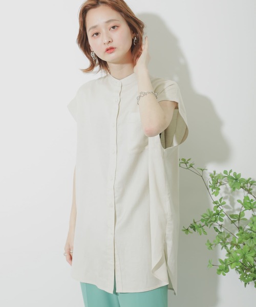 SENSE OF PLACE by URBAN RESEARCH（センスオブプレイスバイアーバンリサーチ）の「リネンレーヨンバンドカラーシャツ（シャツ/ブラウス・レディース・ライトベージュ/ライトカーキ/ブラック・ONE）」の4枚目の写真