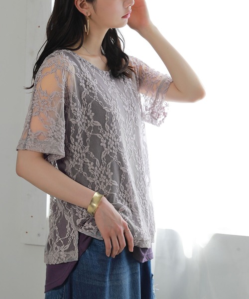 osharewalker（オシャレウォーカー）の「【廃盤】『花柄レースドッキングTシャツ』（Tシャツ/カットソー・レディース・ブラック/ベージュ/パープル/ミント・2/1）」の4枚目の写真