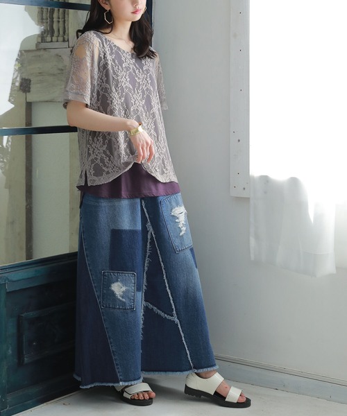 osharewalker（オシャレウォーカー）の「【廃盤】『花柄レースドッキングTシャツ』（Tシャツ/カットソー・レディース・ブラック/ベージュ/パープル/ミント・2/1）」の14枚目の写真