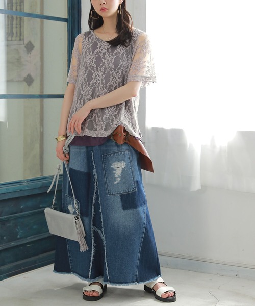 osharewalker（オシャレウォーカー）の「【廃盤】『花柄レースドッキングTシャツ』（Tシャツ/カットソー・レディース・ブラック/ベージュ/パープル/ミント・2/1）」の15枚目の写真