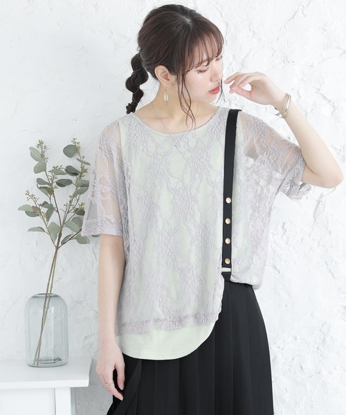 osharewalker（オシャレウォーカー）の「【廃盤】『花柄レースドッキングTシャツ』（Tシャツ/カットソー・レディース・ブラック/ベージュ/パープル/ミント・2/1）」の5枚目の写真