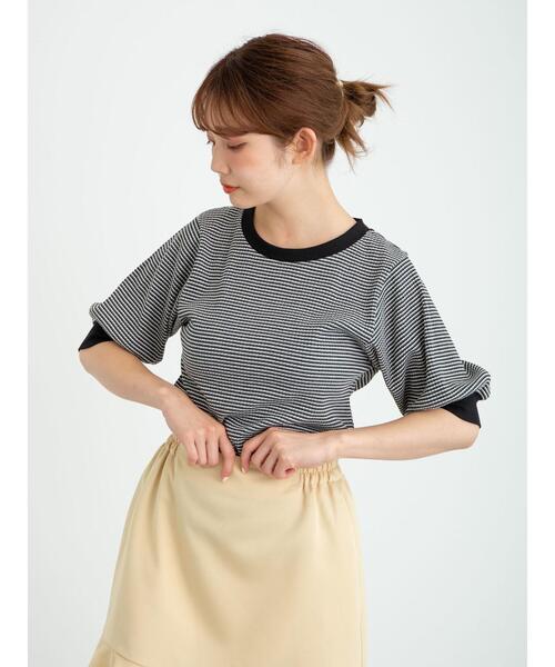 earth music&ecology（アースミュージックアンドエコロジー）の「マルチボーダーカットプルオーバー ＊（Tシャツ/カットソー・レディース・パープル/ブラック/サックスブルー・FREE）」の4枚目の写真