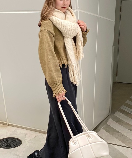 CAPRICIEUX LE'MAGE（カプリシューレマージュ）の「リサイクルフリンジストール（マフラー・レディース・アイボリー/ライトグレー/セージグリーン/ブルー・ONE SIZE）」の19枚目の写真