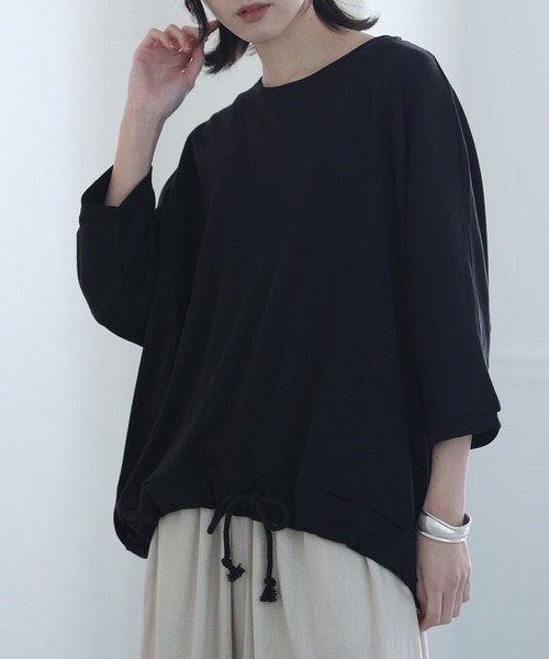 ElegChic(エレグシック)の「コットンフライスヘムロープ入りカットソー(Tシャツ/カットソー・レディース・ホワイト/ベージュ/ブラック/杢グレー・4L/M/XL)」の1枚目の写真