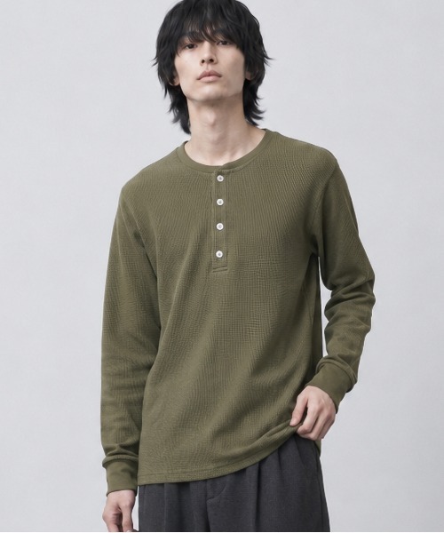 sunny branch(サニーブランチ)の「★Bl★ヘンリーネックサーマルTシャツ 長袖(Tシャツ/カットソー・レディース・ベージュ/ホワイト/カーキ/ブラック/グレー/ライトピンク/ネイビー・LARGE/X-LARGE/MEDIUM)」の5枚目の写真