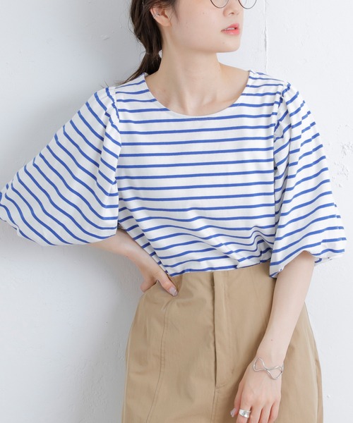 PUAL CE CIN（ピュアルセシン）の「【Du noir】ボーダーボリュームスリーブTシャツ（Tシャツ/カットソー・レディース・ブラック/グリーン/ブルー/ピンク・FREE）」の4枚目の写真