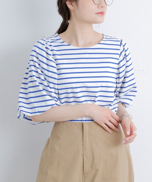 PUAL CE CIN（ピュアルセシン）の「【Du noir】ボーダーボリュームスリーブTシャツ（Tシャツ/カットソー・レディース・ブラック/グリーン/ブルー/ピンク・FREE）」の5枚目の写真