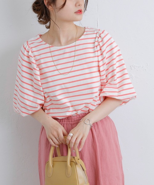 PUAL CE CIN（ピュアルセシン）の「【Du noir】ボーダーボリュームスリーブTシャツ（Tシャツ/カットソー・レディース・ブラック/グリーン/ブルー/ピンク・FREE）」の7枚目の写真