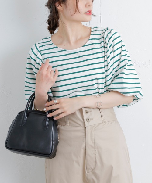 PUAL CE CIN（ピュアルセシン）の「【Du noir】ボーダーボリュームスリーブTシャツ（Tシャツ/カットソー・レディース・ブラック/グリーン/ブルー/ピンク・FREE）」の9枚目の写真