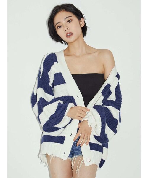 GYDA（ジェイダ）の「ボーダー LOOSEニットカーディガン（カーディガン/ボレロ・レディース・チャコールグレー/ネイビー/ピンク・FREE）」の5枚目の写真