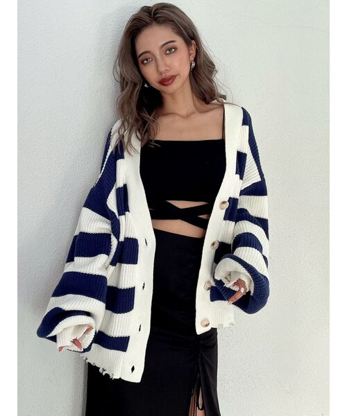 GYDA（ジェイダ）の「ボーダー LOOSEニットカーディガン（カーディガン/ボレロ・レディース・チャコールグレー/ネイビー/ピンク・FREE）」の3枚目の写真