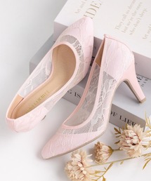 US11❣️ BEBLOSSOMCOLLECTIONレースビジュー付パンプスピンク 大きいサイズ レディース 5cmローヒール・ピンクレースパンプス