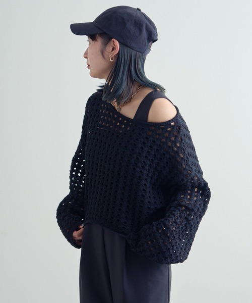 mystic（ミスティック）の「[mline]スクエアメッシュショートニット（ニット/セーター・レディース・ブラック/ベージュ/オフホワイト・FREE）」の7枚目の写真
