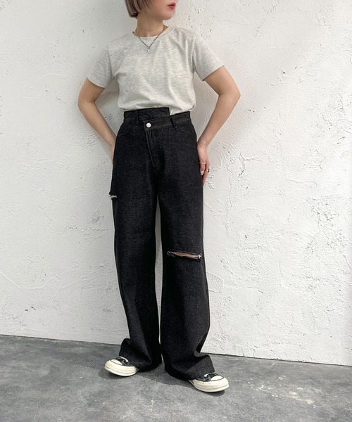 apres jour mignon(アプレジュールミニョン)の「アシメワイドカッティングデニム【ZOZOTOWN限定アイテム】(デニムパンツ・レディース・ブラック/ブルー・X-LARGE/MEDIUM/SMALL)」の12枚目の写真