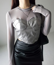 me+em select（ミームセレクト）の「【 ３color 】フェイクレザービスチェドッキングシースルートップス（Tシャツ/カットソー・レディース）」