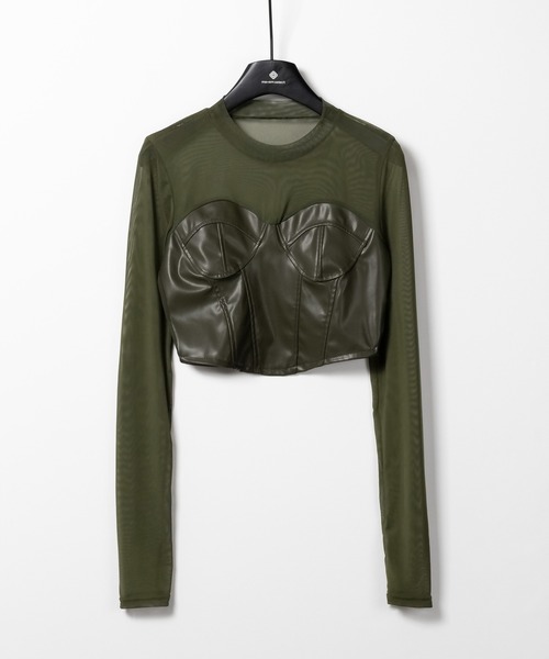 3color 】フェイクレザービスチェドッキングシースルートップス