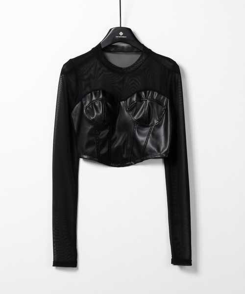 3color 】フェイクレザービスチェドッキングシースルートップス（T