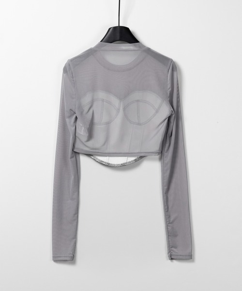 3color 】フェイクレザービスチェドッキングシースルートップス