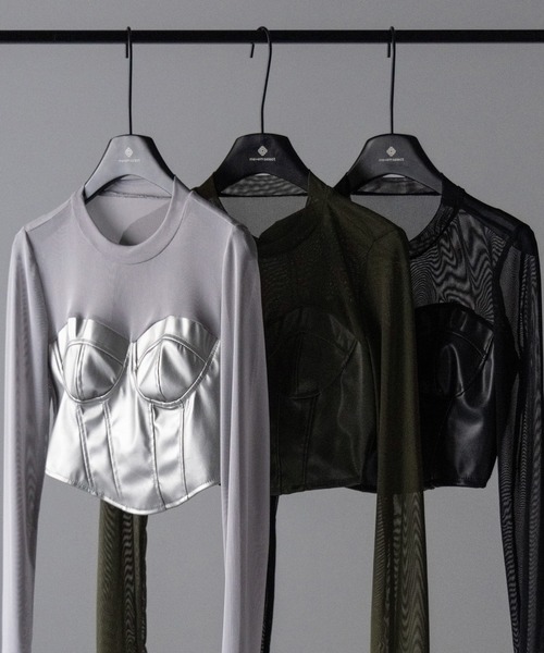 トップス leather bisuche 3color 】フェイクレザービスチェドッキングシースルートップス