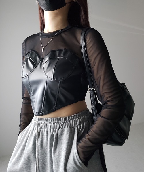 3color 】フェイクレザービスチェドッキングシースルートップス（T