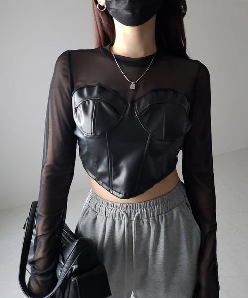 【2点セット】フェイクレザーブルゾン＋シースルートップス 3color 】フェイクレザービスチェドッキングシースルートップス