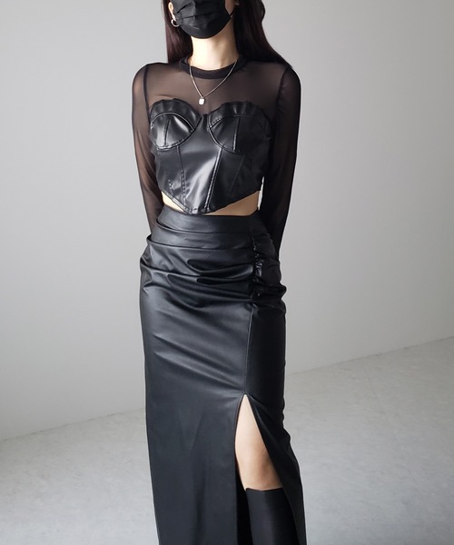 3color 】フェイクレザービスチェドッキングシースルートップス（T