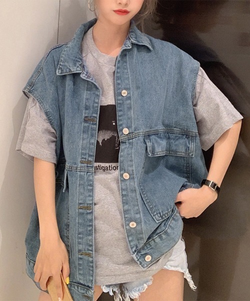 Miniministore(ミニミニストア)の「ベスト レディースデニムベスト 韓国ジレ(ベスト・レディース・チャコールグレー/サックスブルー・FREE)」の6枚目の写真