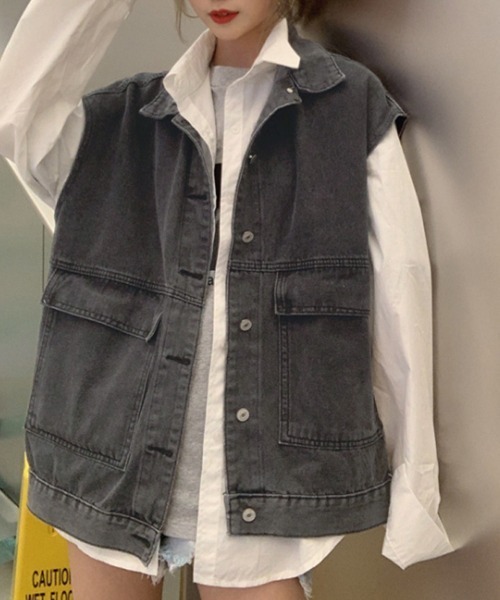 Miniministore(ミニミニストア)の「ベスト レディースデニムベスト 韓国ジレ(ベスト・レディース・チャコールグレー/サックスブルー・FREE)」の11枚目の写真