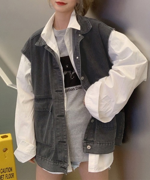 Miniministore(ミニミニストア)の「ベスト レディースデニムベスト 韓国ジレ(ベスト・レディース・チャコールグレー/サックスブルー・FREE)」の12枚目の写真